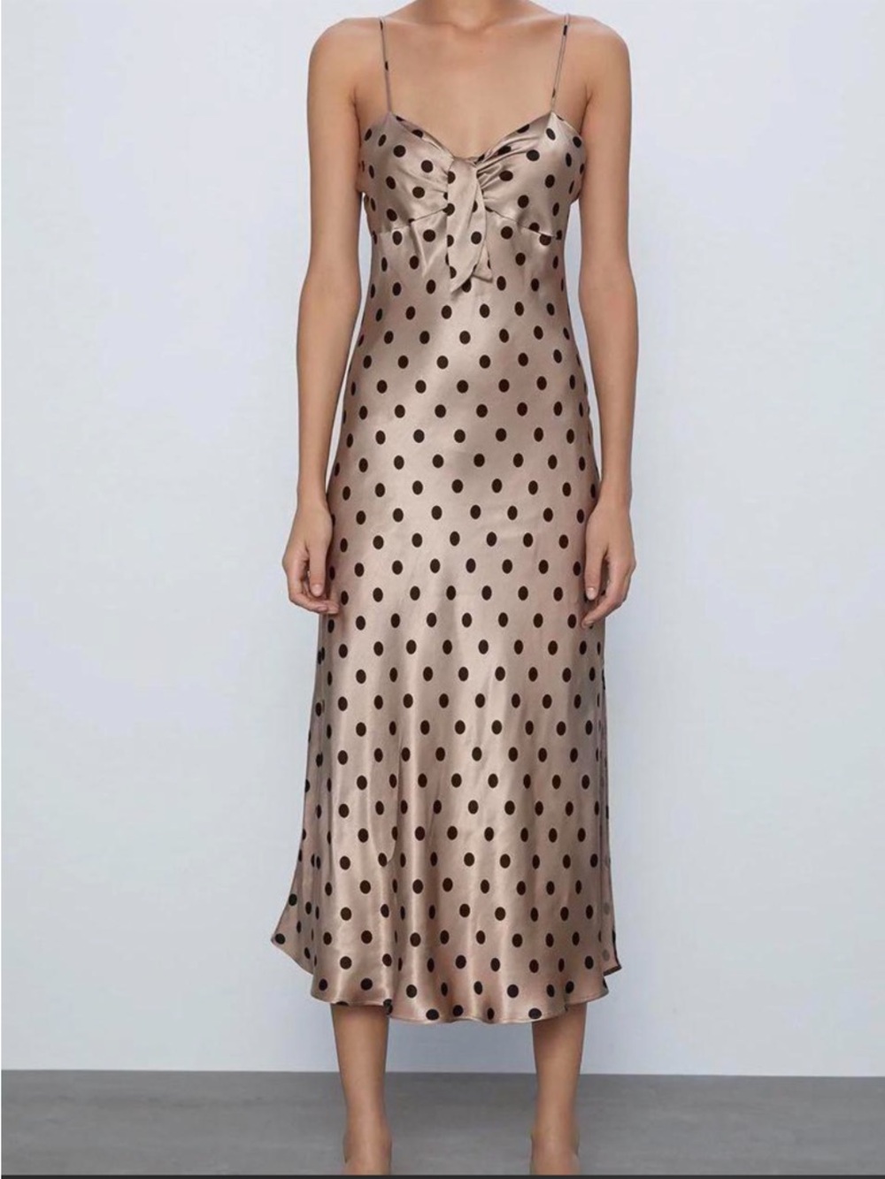 ZARA Satin Polka Dot Slip Dress in Taupe with Black Dots